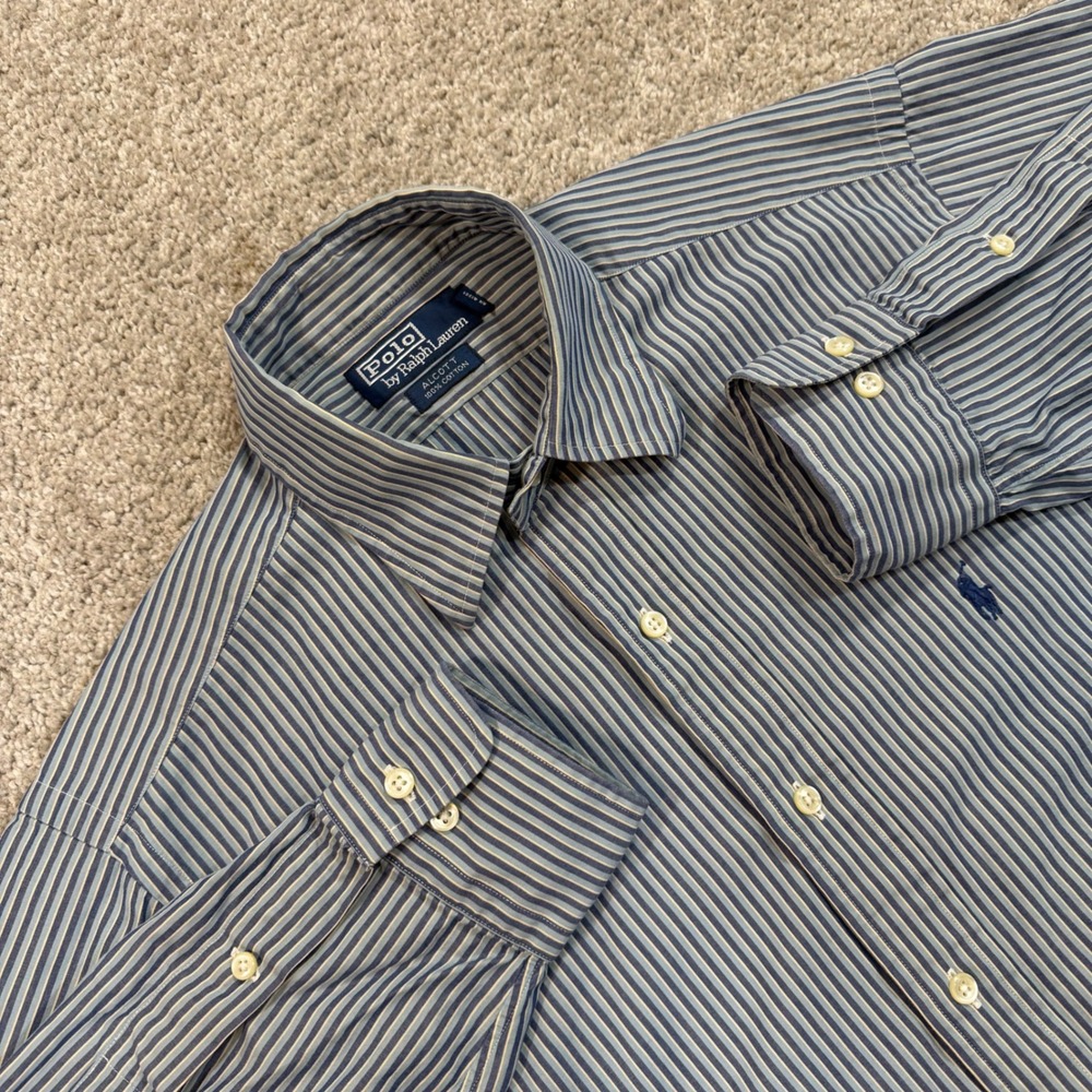 Polo‎ Ralph Lauren Mens 15.5 Blue Striped Cotton Button Down Shirt Casual VTG